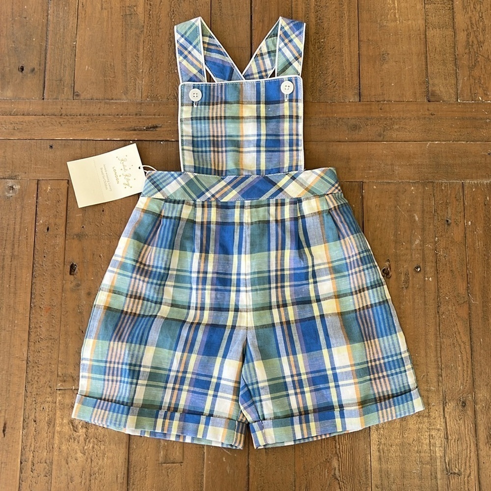 Rachel Riley blue plaid cotton short overalls dungarees shortalls nwt